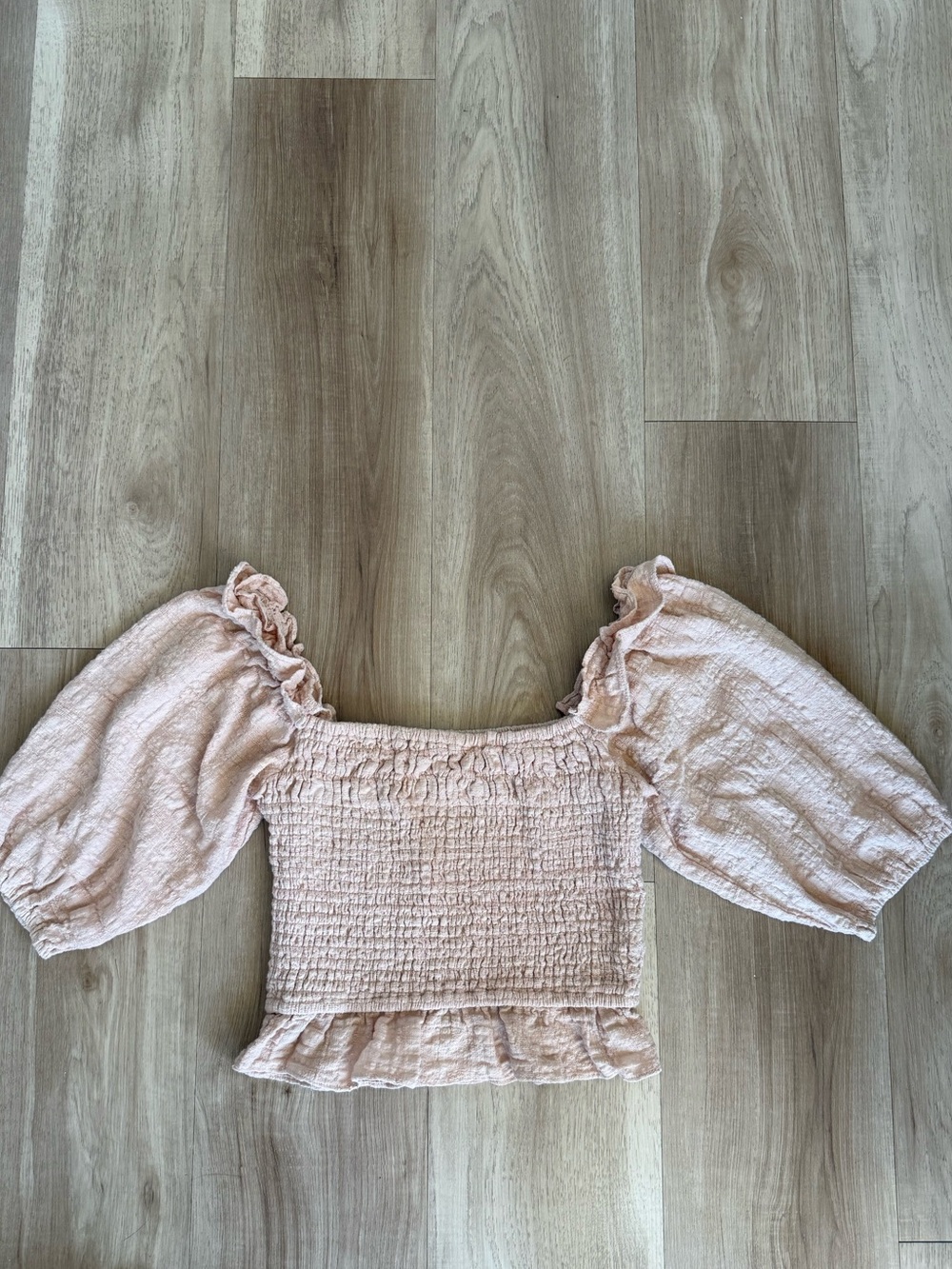 Smocked Puff Sleeve Cropped Blouse in Blush Pink